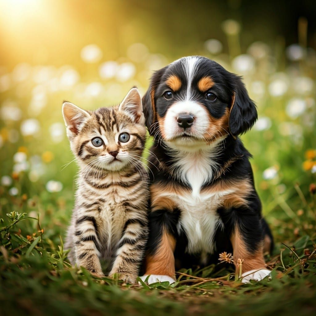 Kitten and Puppy in Meadow, Leibovitz Style