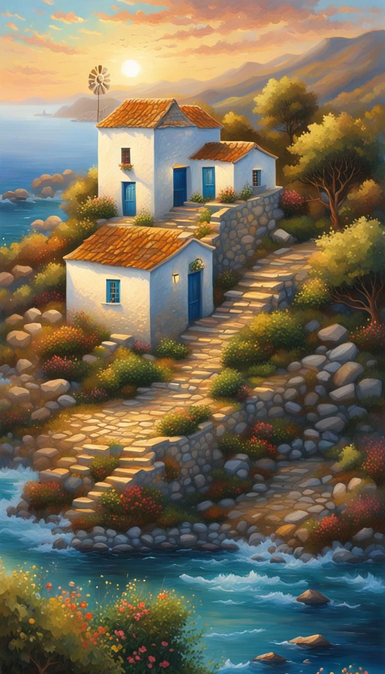 Greek Windmill Sunset: Hyperdetailed Oil Painting