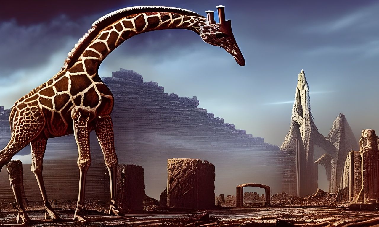 Cyborg Giraffe Oversees Martian Ruins in Airbrush Art