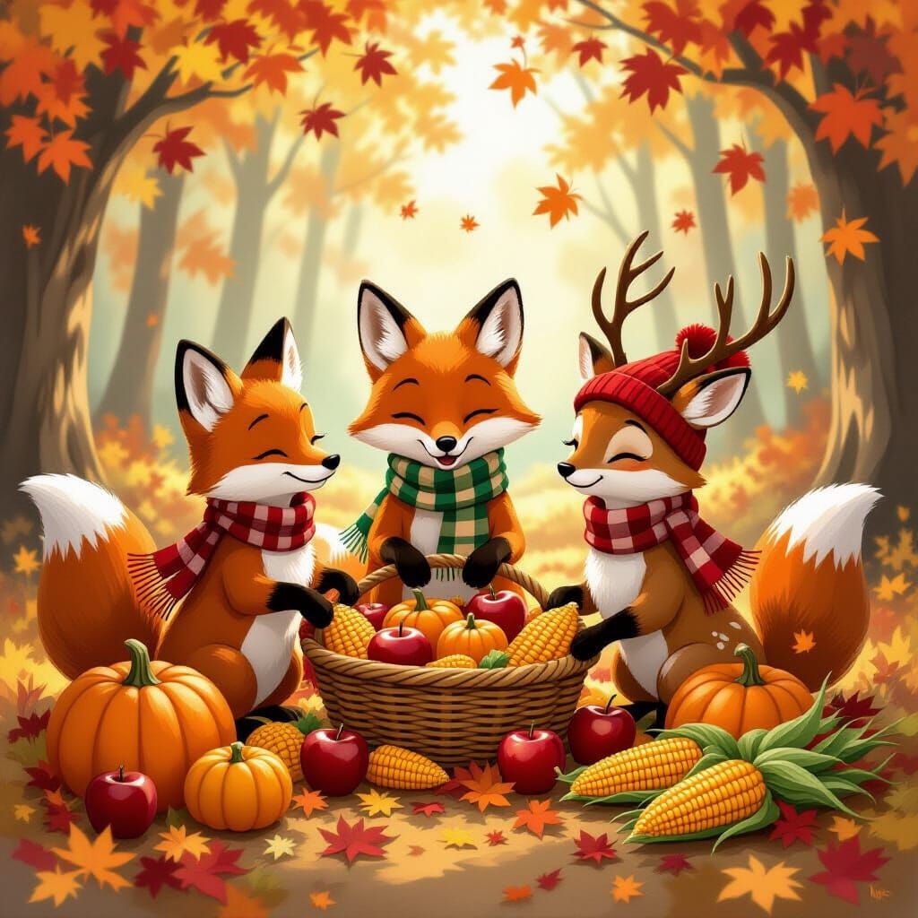 Whimsical Forest Animals Prepare for Winter Feast