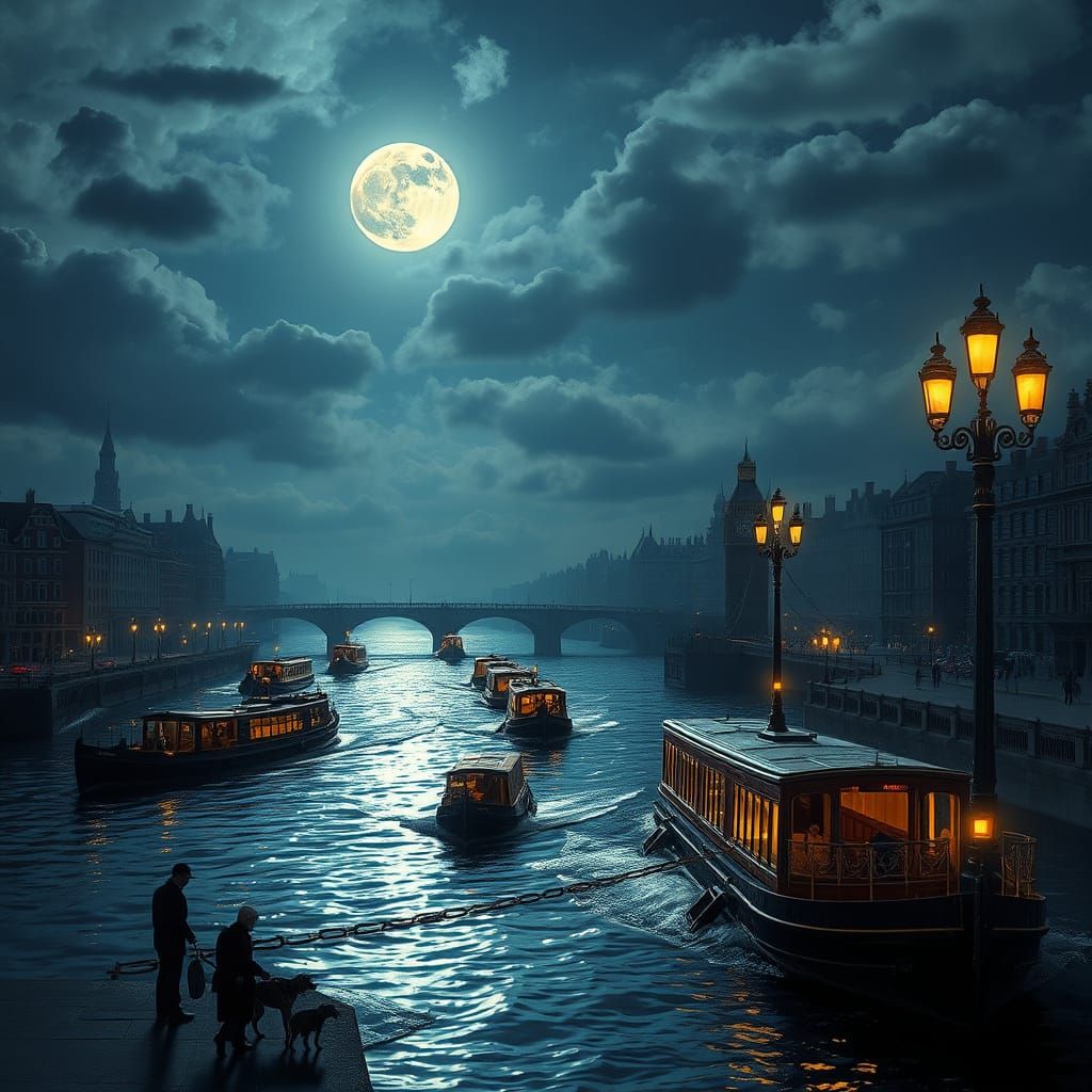 Victorian London Nightscape: Gaslit River Thames in Dreamlik...