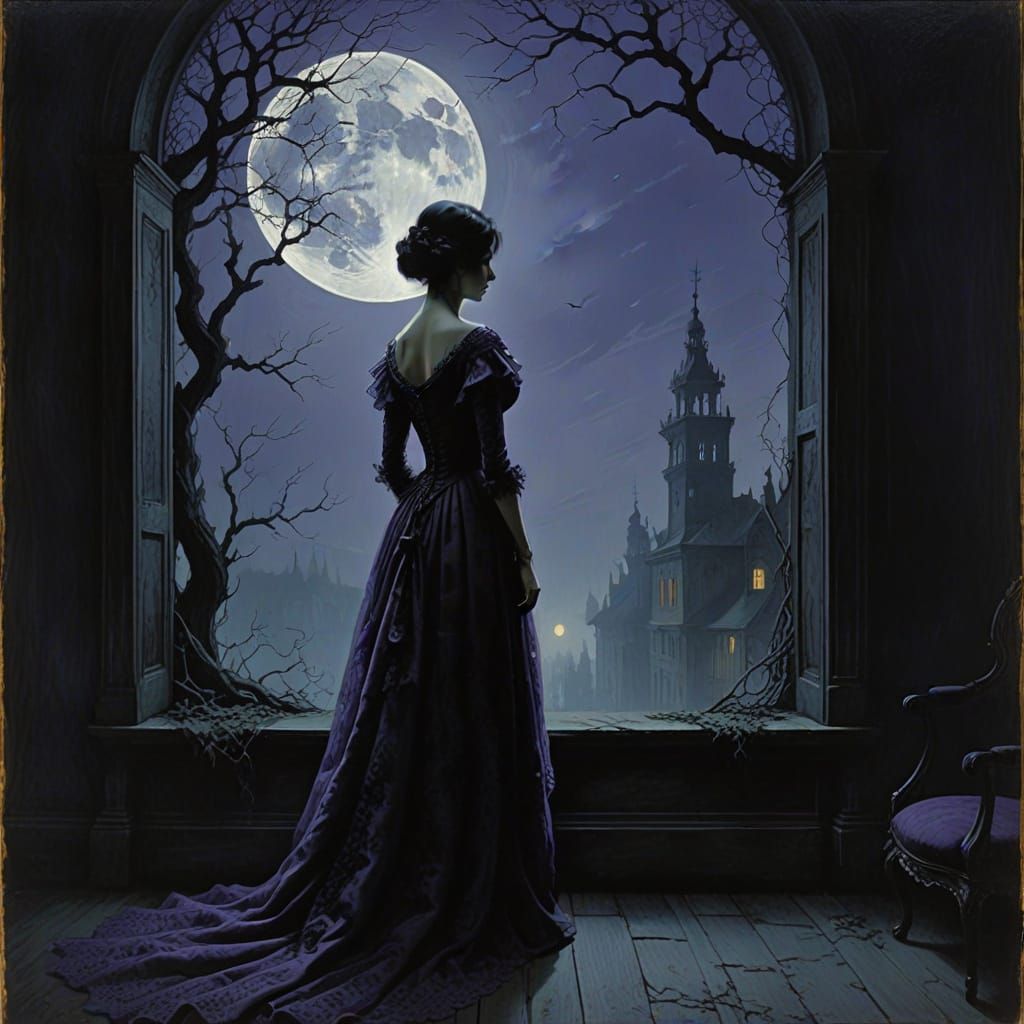 Victorian Woman Lost in Thought Amidst Dark Mystery and Moon...