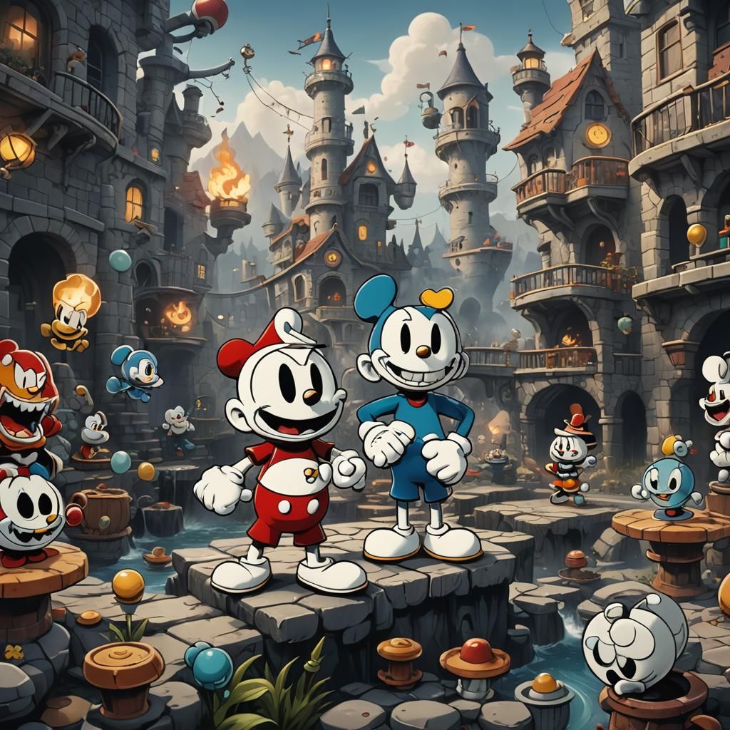 Cuphead and Mugman in Vintage Cartoon Style
