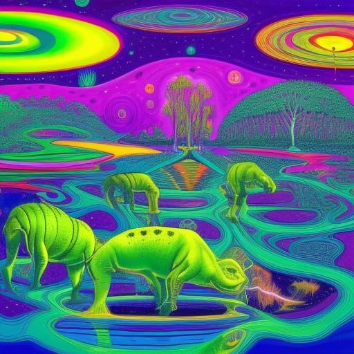Hypnotic Hippopotamuses Around Vibrant Hole: Digital Art
