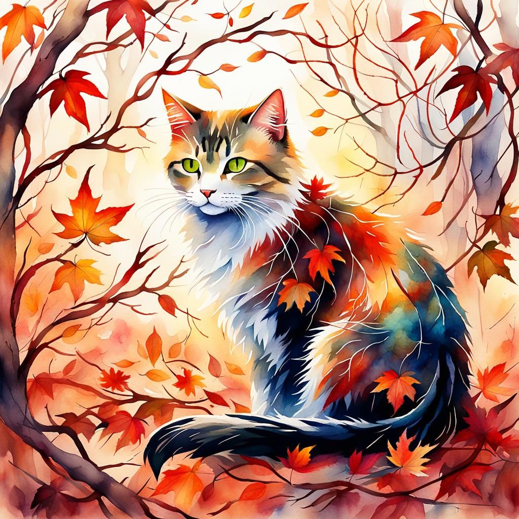 Autumn Cat Spirit in Watercolor Fantasy Style