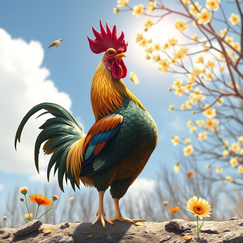 Morning Sunrise in Vibrant Colors with Rooster in Joyful Moo...