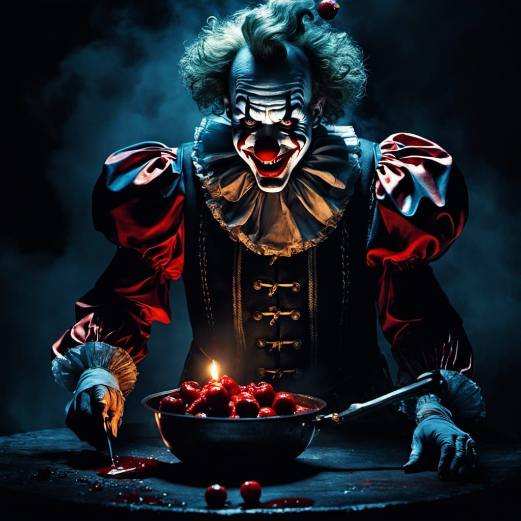 Menacing Gothic Clown with Bloody Cleaver