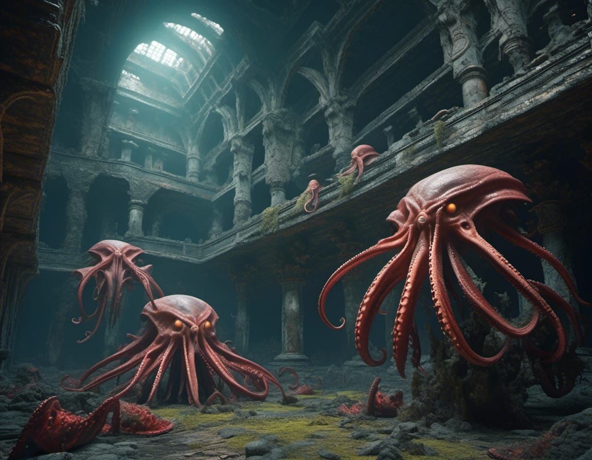 <lora:Mirage:1.0> A tribe of alien cephalopods with armored ...