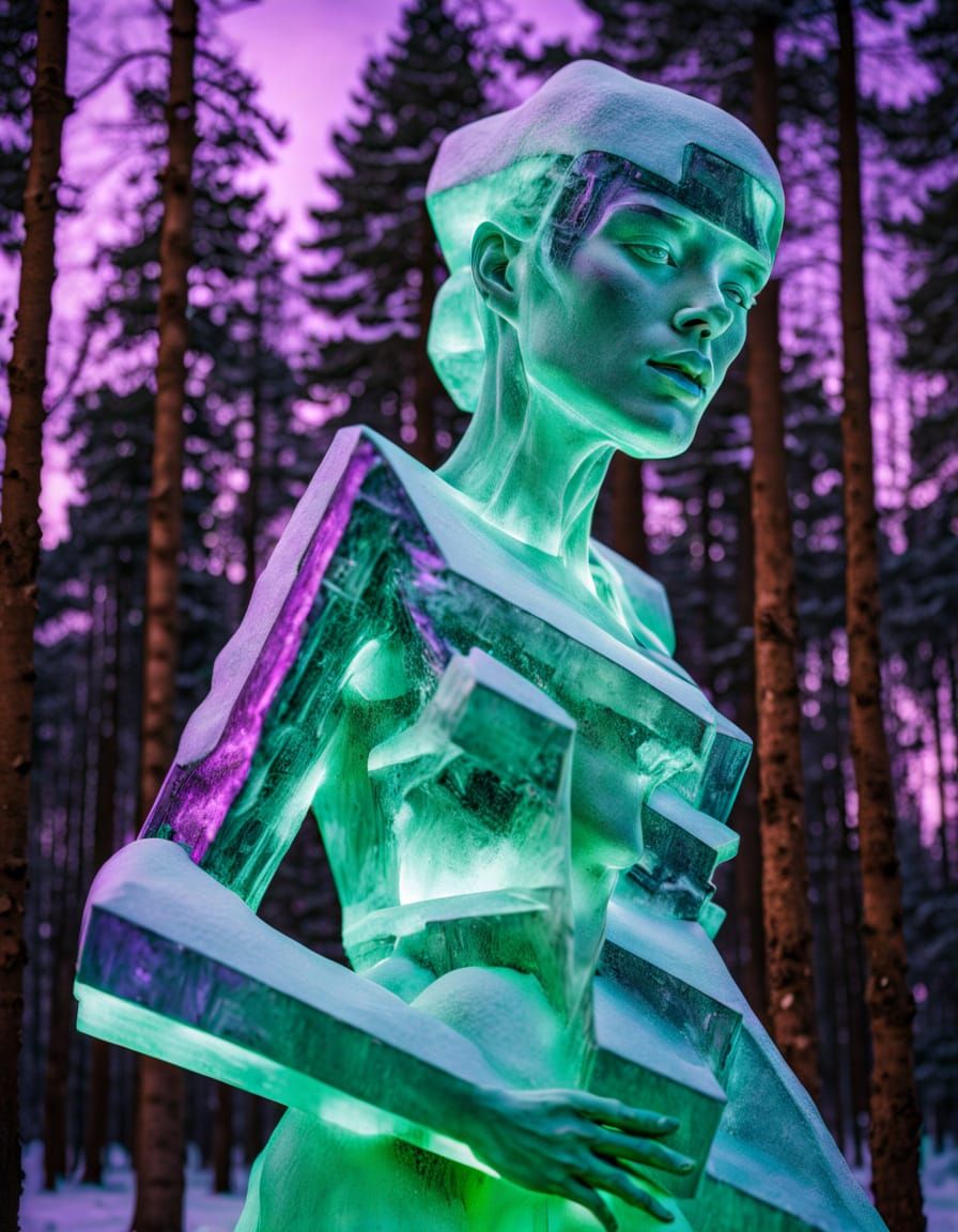 Brutalist Cubist Ice Sculpture Under Aurora Borealis