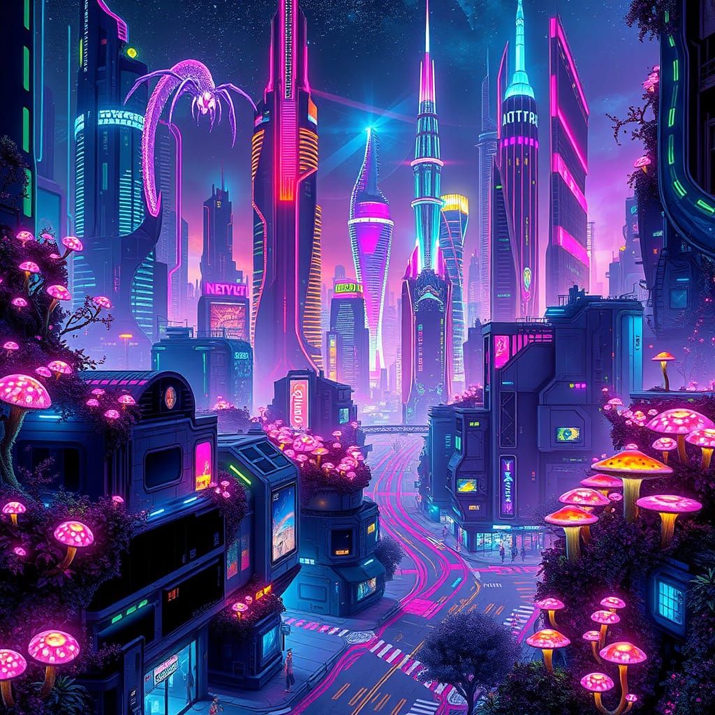 Cosmic Metropolis in Vibrant, Iridescent Hues
