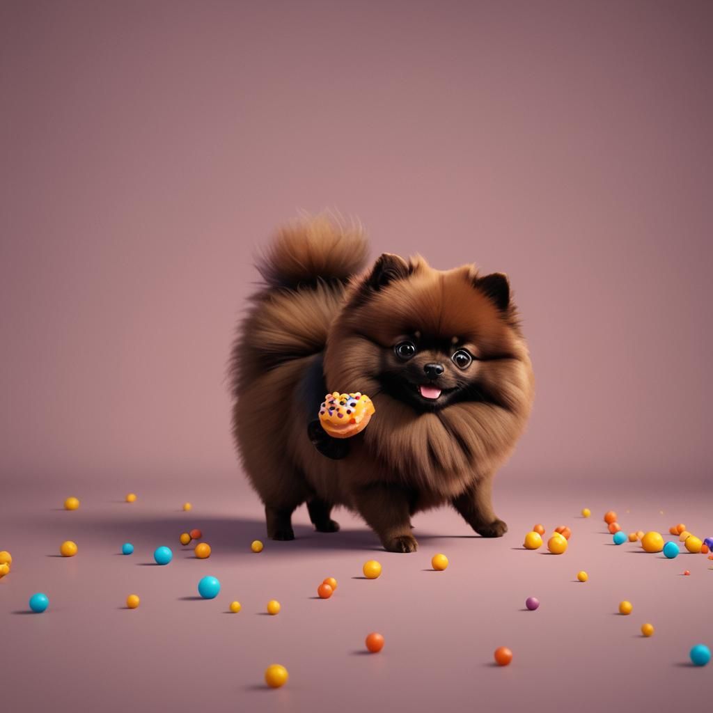 Cute Pomeranian Puppy Enjoying Treat: 3D Digital Art