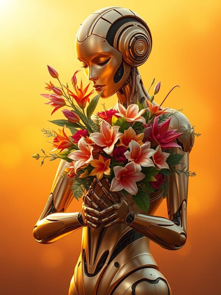 Mother Robot Surrounded by Vibrant Floral Arrangement in Gol...