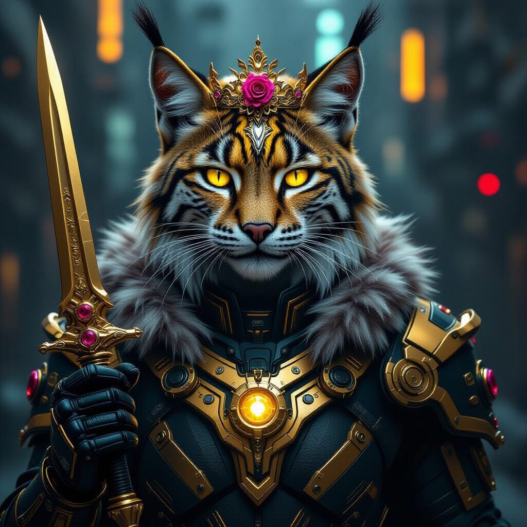 Cybernetic Lynx Creature Holds Golden Dagger in Futuristic C...