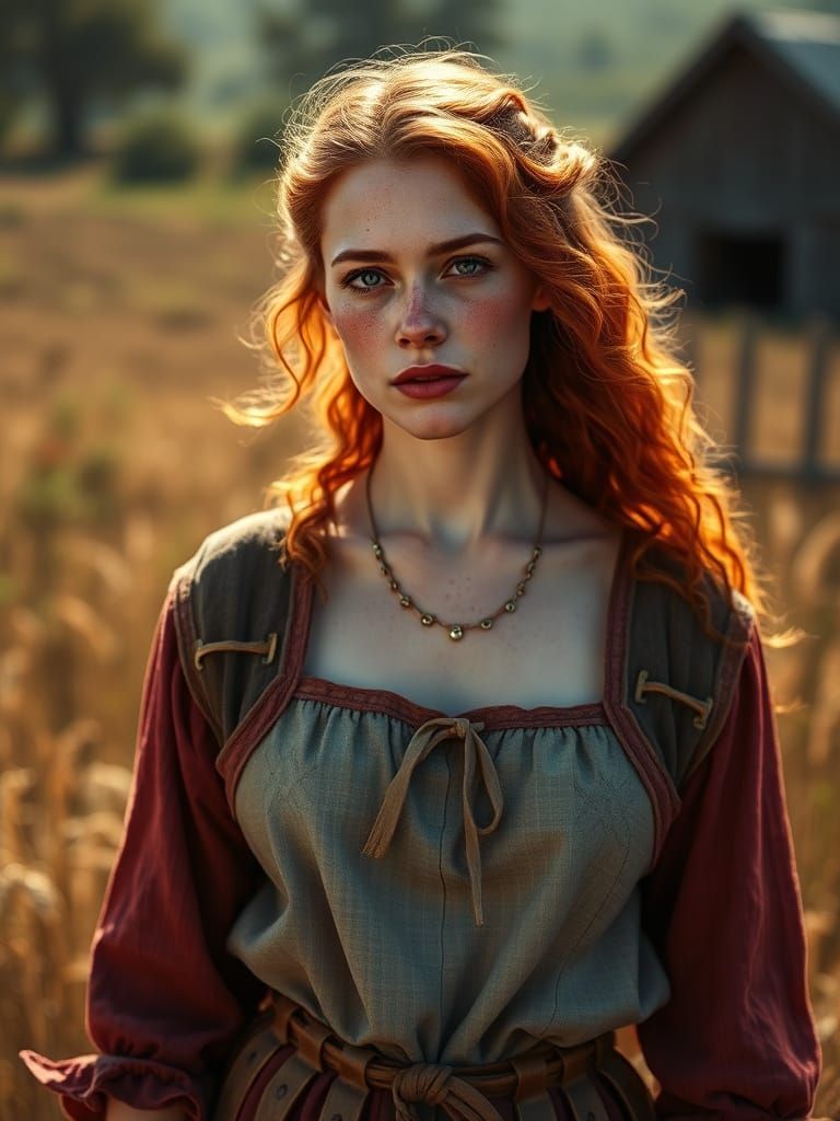 Medieval Ranger Woman in Sunlit Fields, Hyperrealistic Digit...