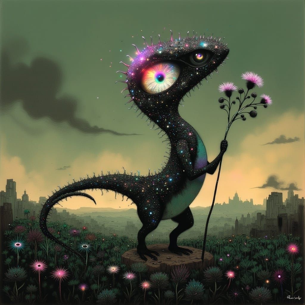 Majestic Gemstone Dinosaur in Vibrant, Iridescent Meadow