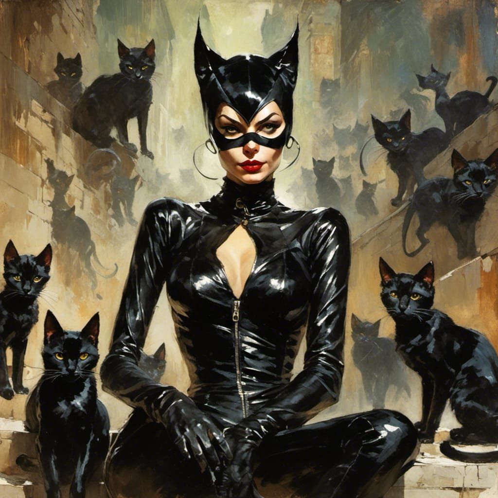 Catwoman Portrait with Black Cats, Matte Lens Effect