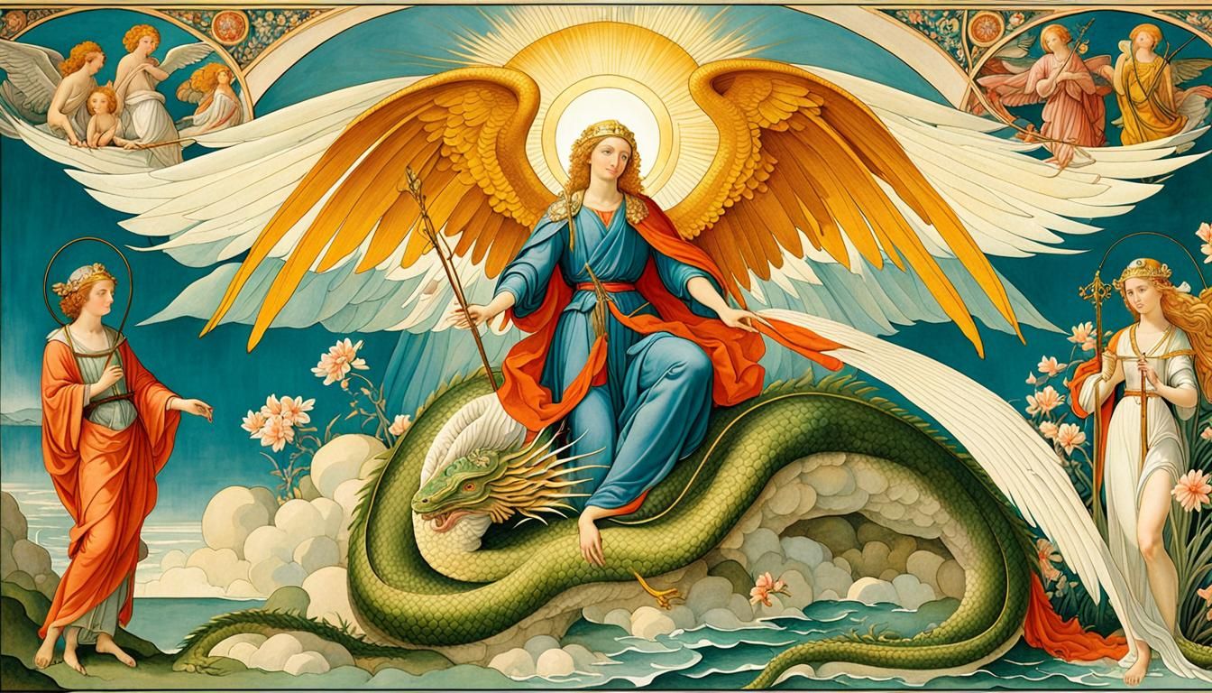 Saint Michael Defeats Dragon in Art Nouveau Style