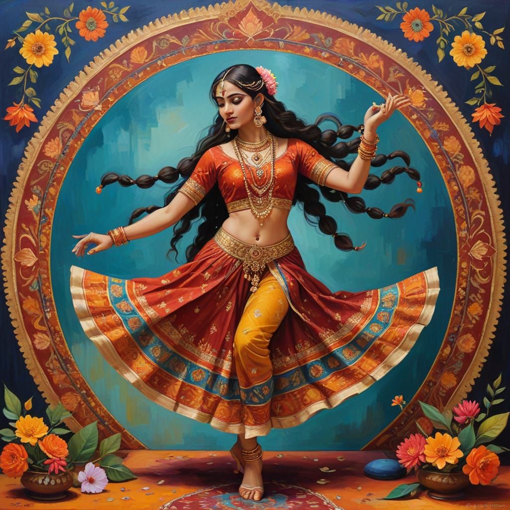 Golden Dancer in Vibrant Indian Folk Art Style