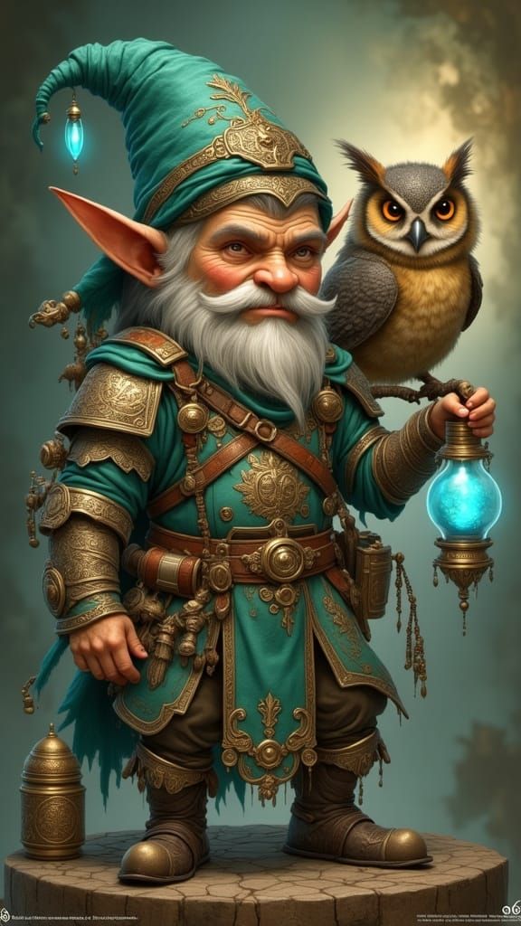 Gnome in Magical Brass Armor with Goat's Beard and Green Hat