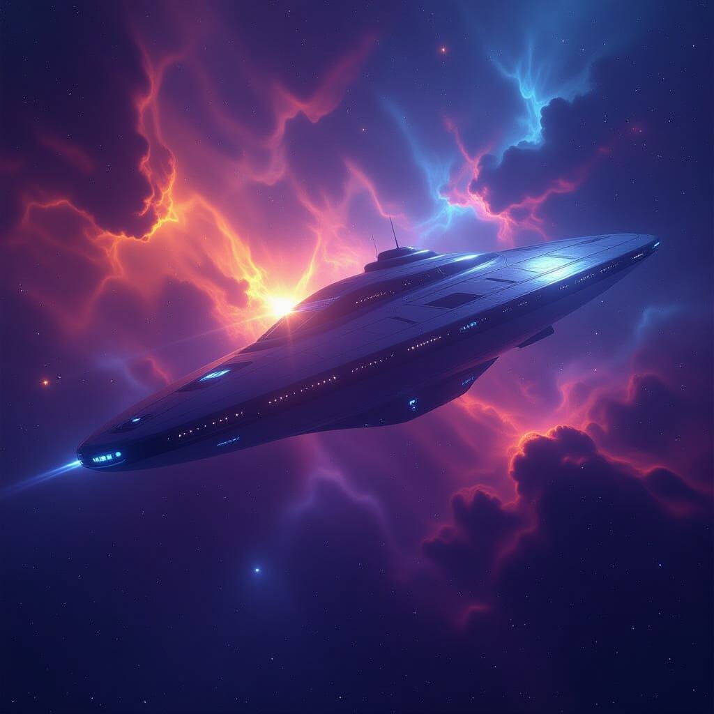 Colossal Starship Drifting Through Vibrant Cosmic Nebula