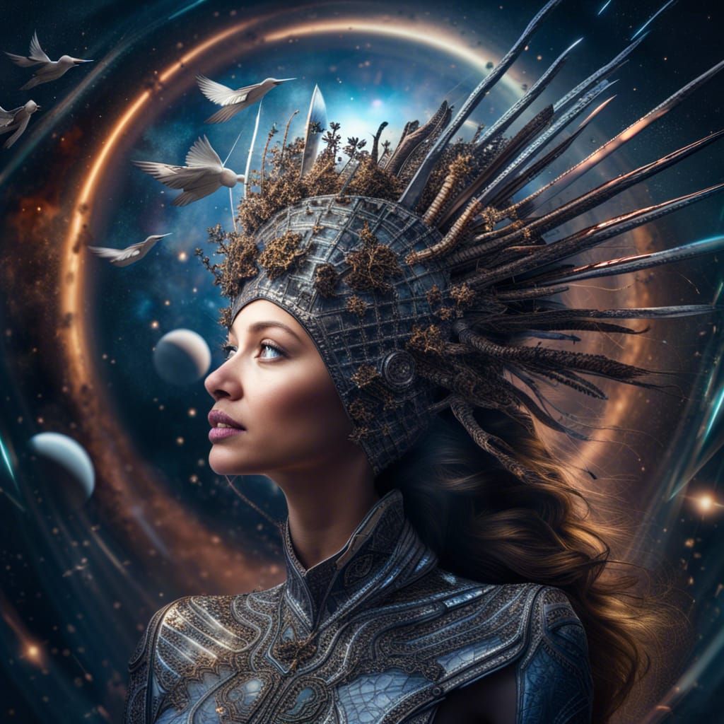 Galactic Queen with Birds in Hyperrealistic Style