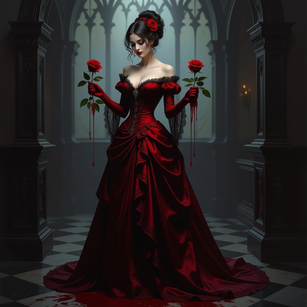 Gothic Victorian Woman with Blood Rose in Dark Fantasy Oil P...