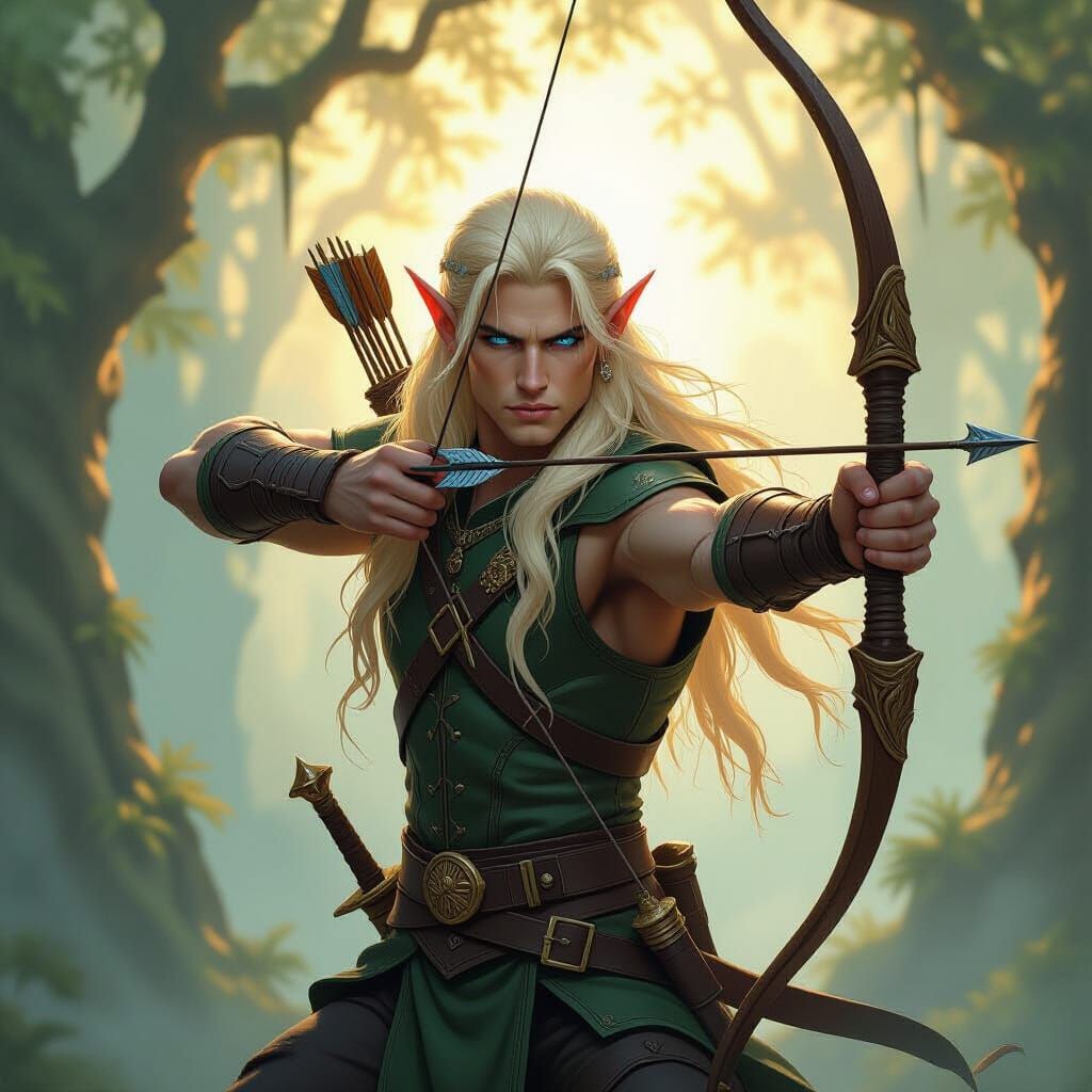 Blond Elf Warrior with Bow and Daggers in Forest