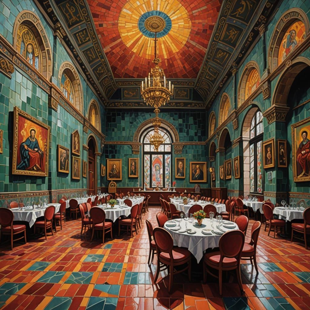 Gouache Painting of Imperial Banquet Hall with Mosaic Floor