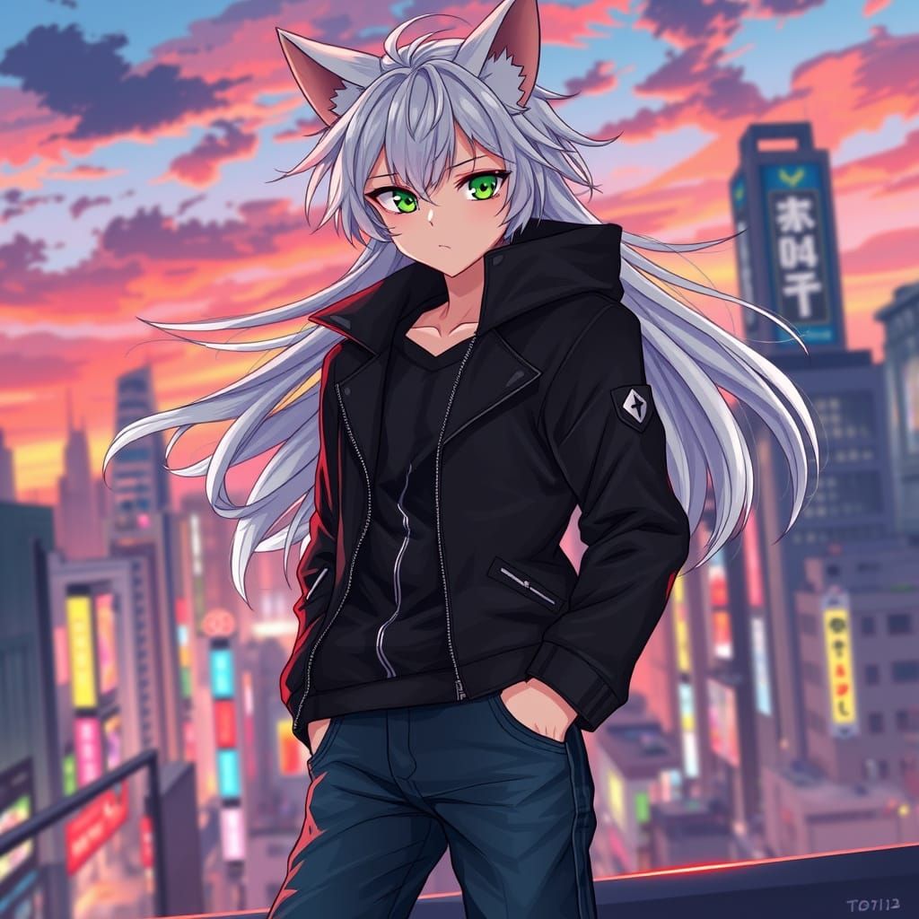 Sakimichan-Inspired Tokyo Cityscape with Anime Neko Boy