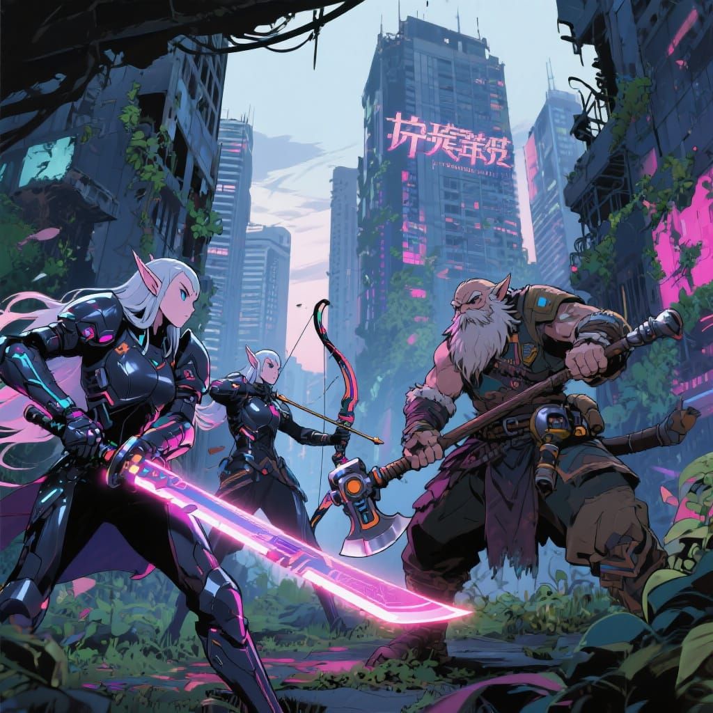 Elven Warriors vs Dwarven Warrior in Cyberpunk Anime Style