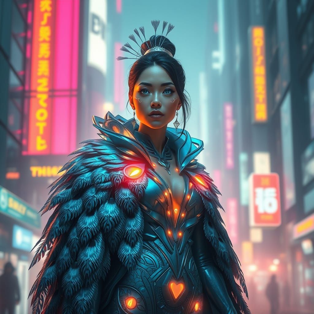 Painting of a mysterious woman stands gracefully, adorned in an awe-inspiring techno-peacock cloak made of shimmering me...