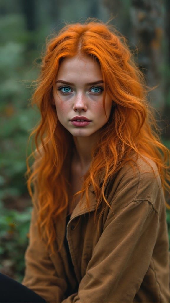 Surreal Woman in Fiery Orange Hair and Green Forest