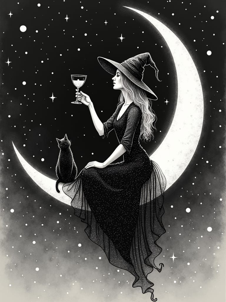 Witch on Crescent Moon in Pointillism Style