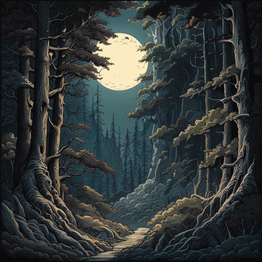 Dark Forest in Moonlight: Medieval Fantasy Art