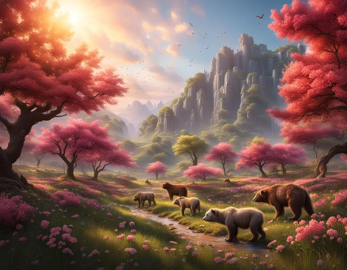 Spring Sunrise in Valley with Grazing Animals