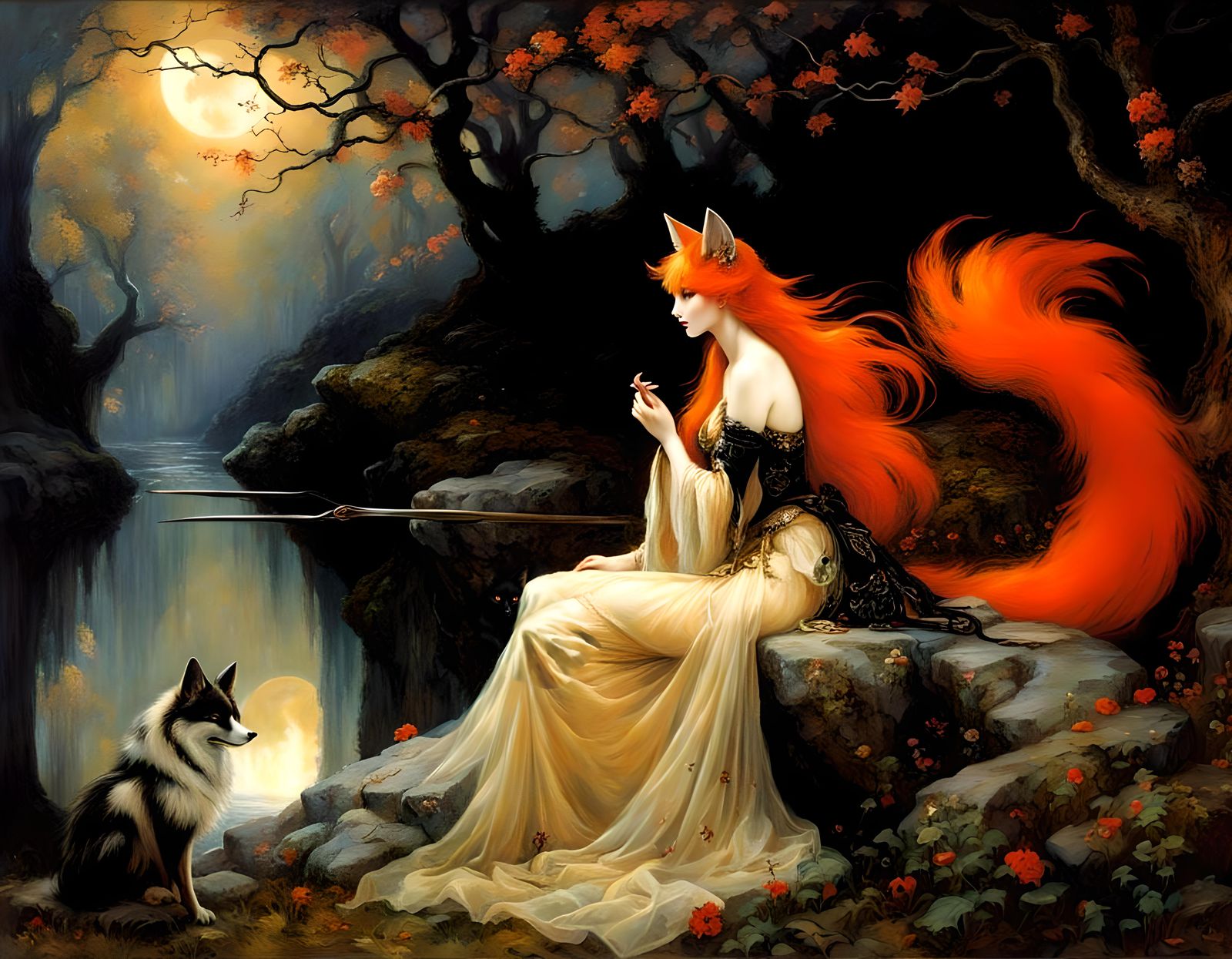 Gothic Kitsune in Enchanted World, Oil Painting