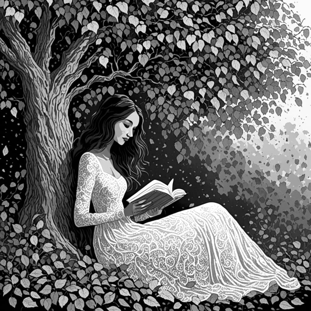 Girl Reading Book in Black and White Ink