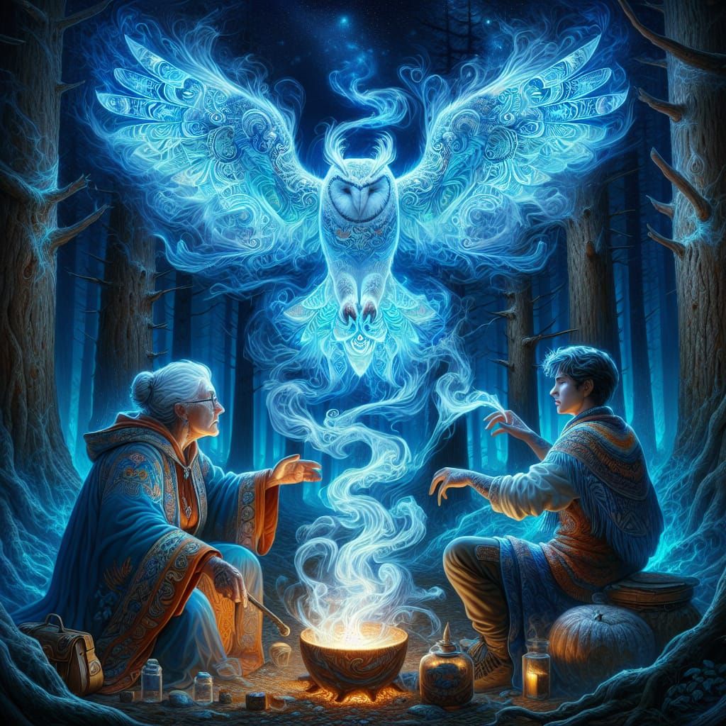 Magicians Conjure Luminescent Owl in Fantasy Forest