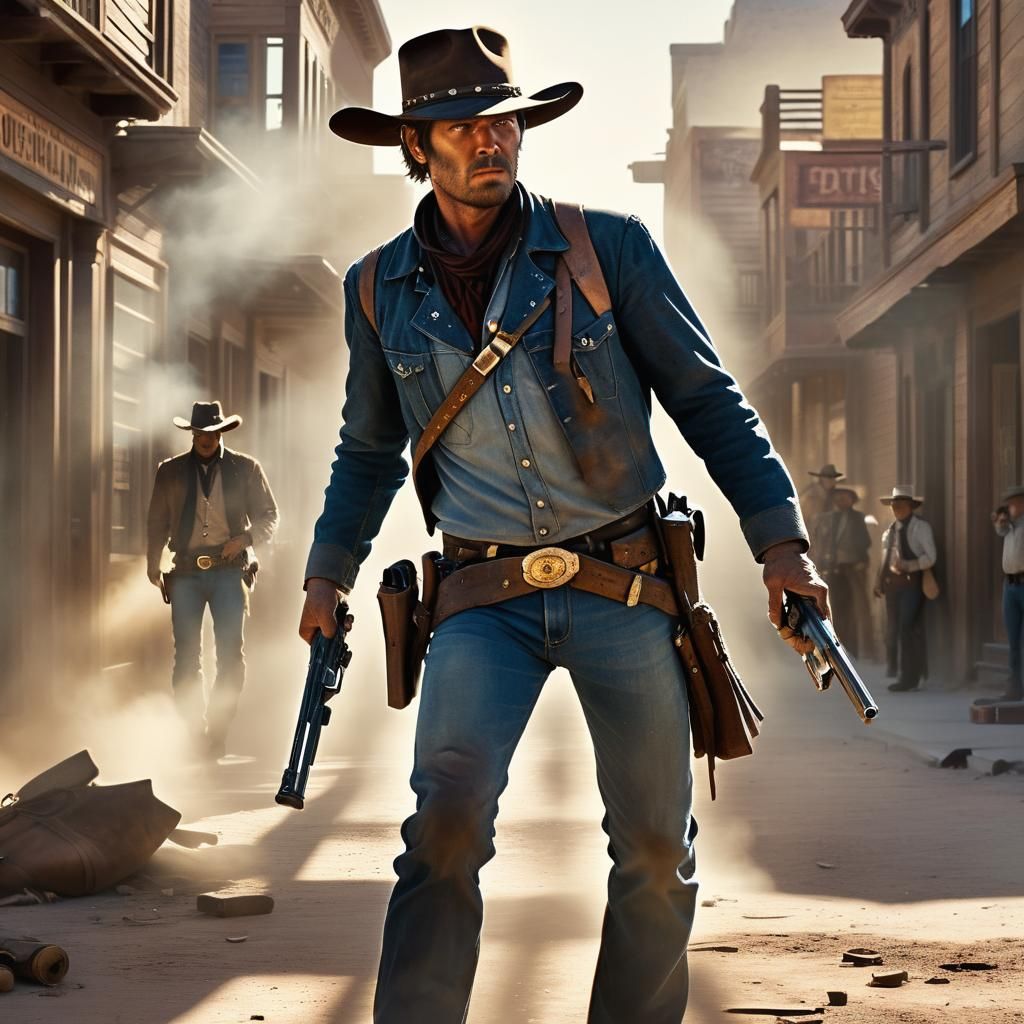 Gunslinger Showdown in a Western Film Still