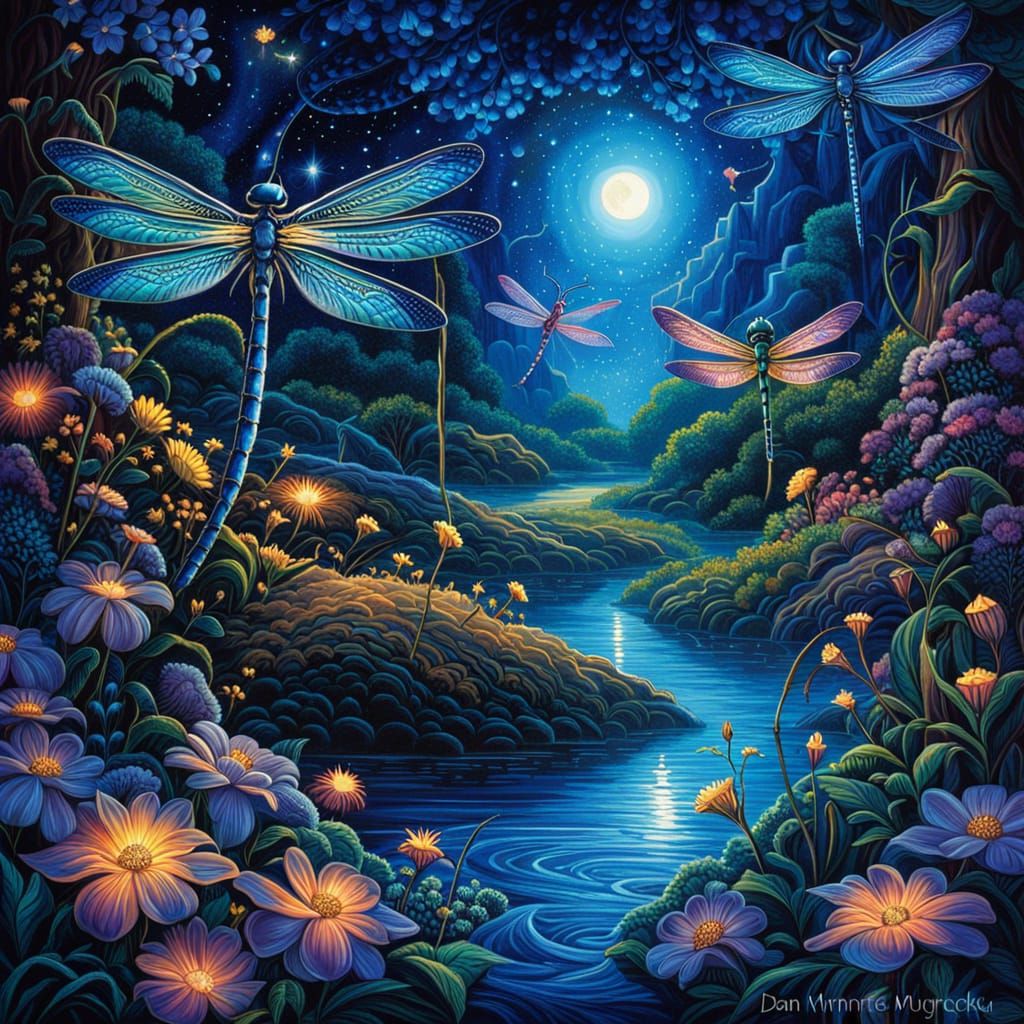 Glowing Dragonflies in Electric Blue Cosmic Landscape
