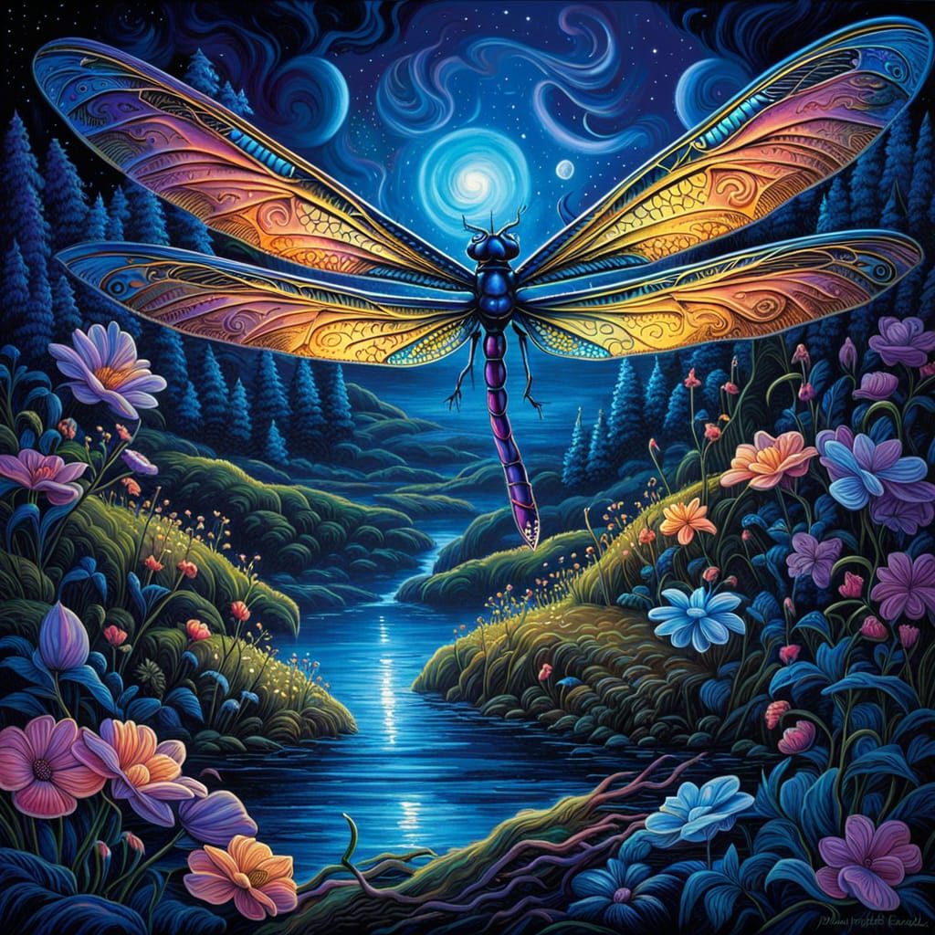 Glowing Dragonflies in Electric Blue Cosmic Landscape
