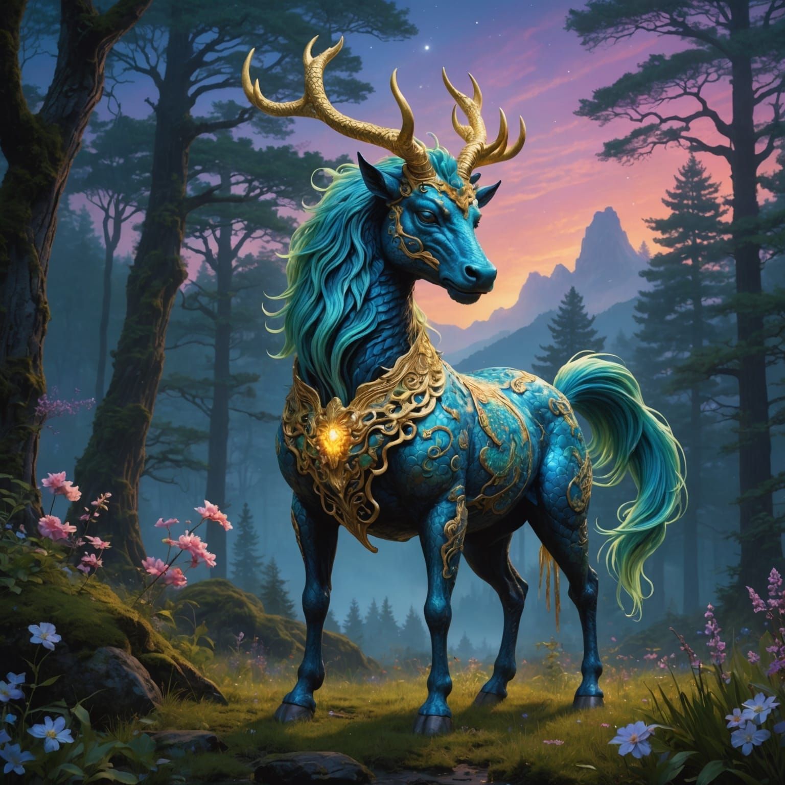 Majestic Qilin in Bioluminescent Forest, Van Gogh Style