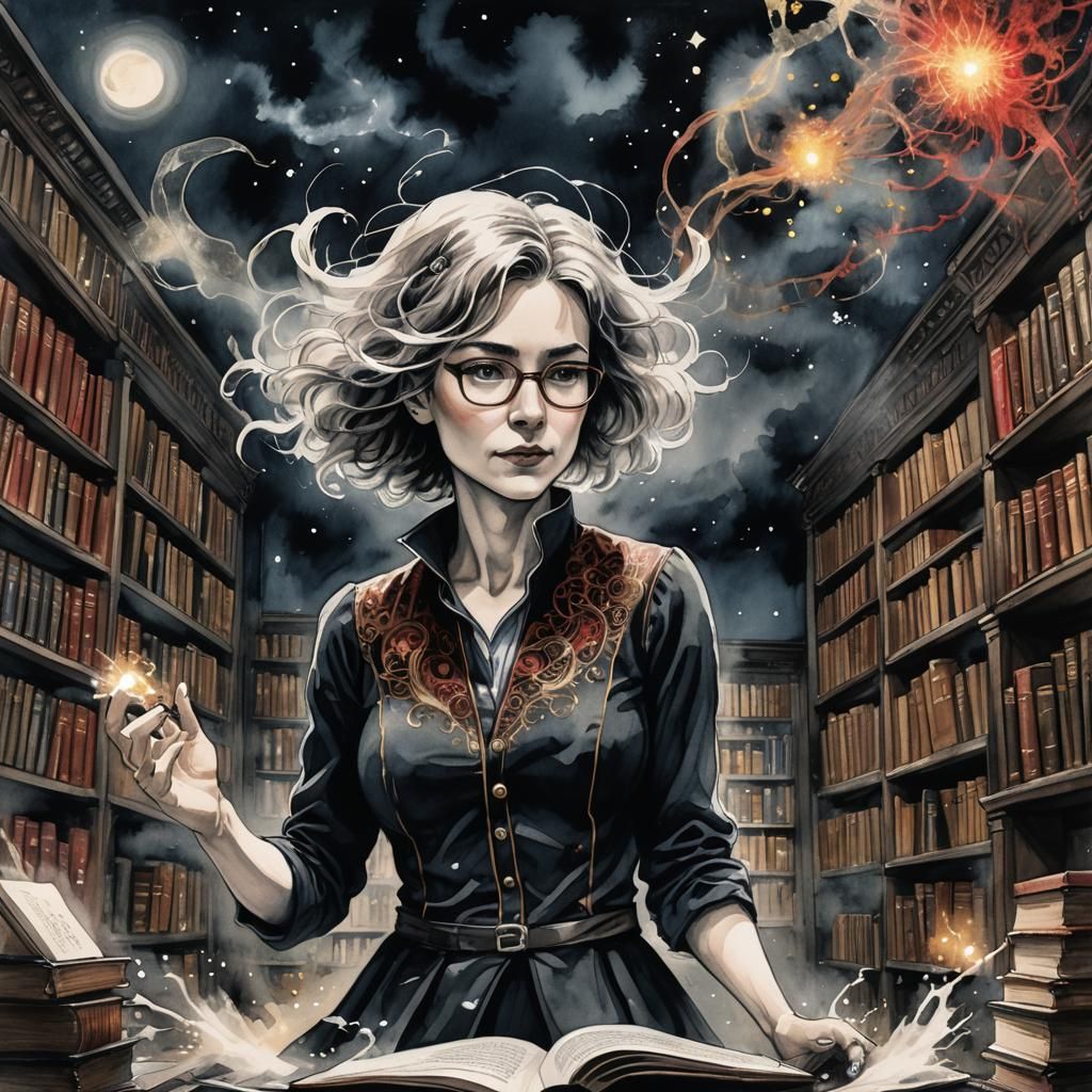 Dark Fantasy Librarian Casting Spell in Ink Wash