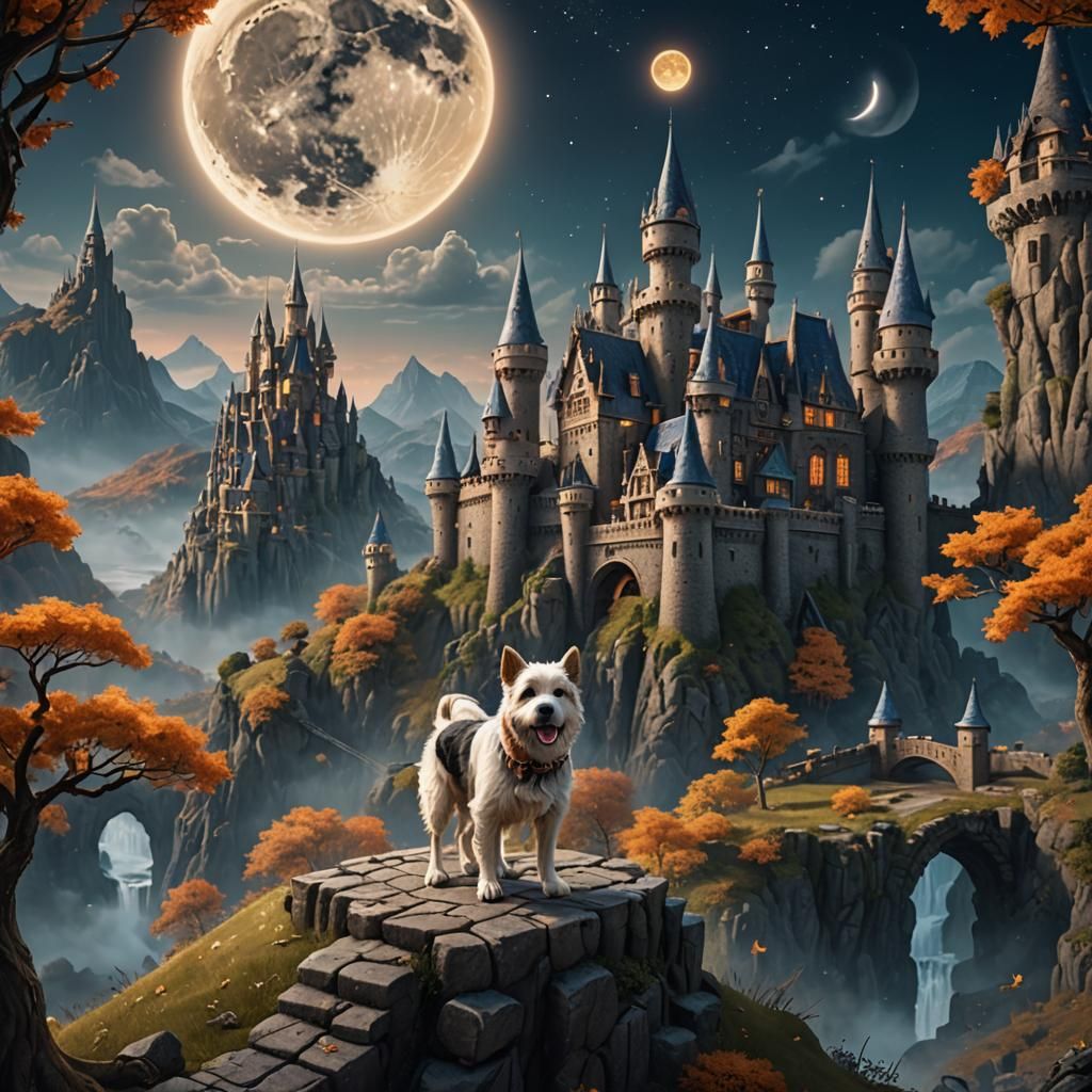 Dog Howling at Moonlit Castle: Fantasy Concept Art
