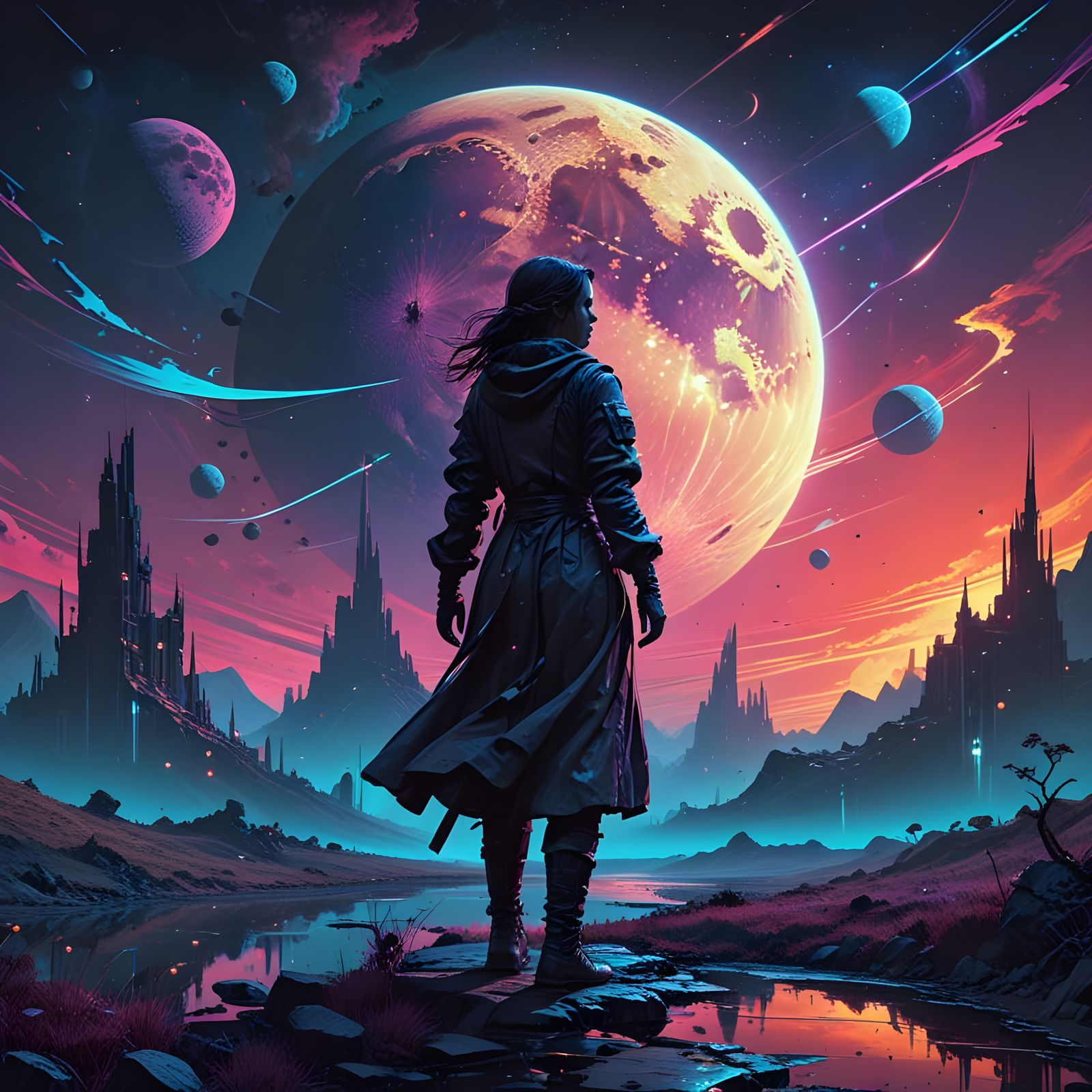 Ethereal Gothic Moonscape in Vibrant Synthwave Style