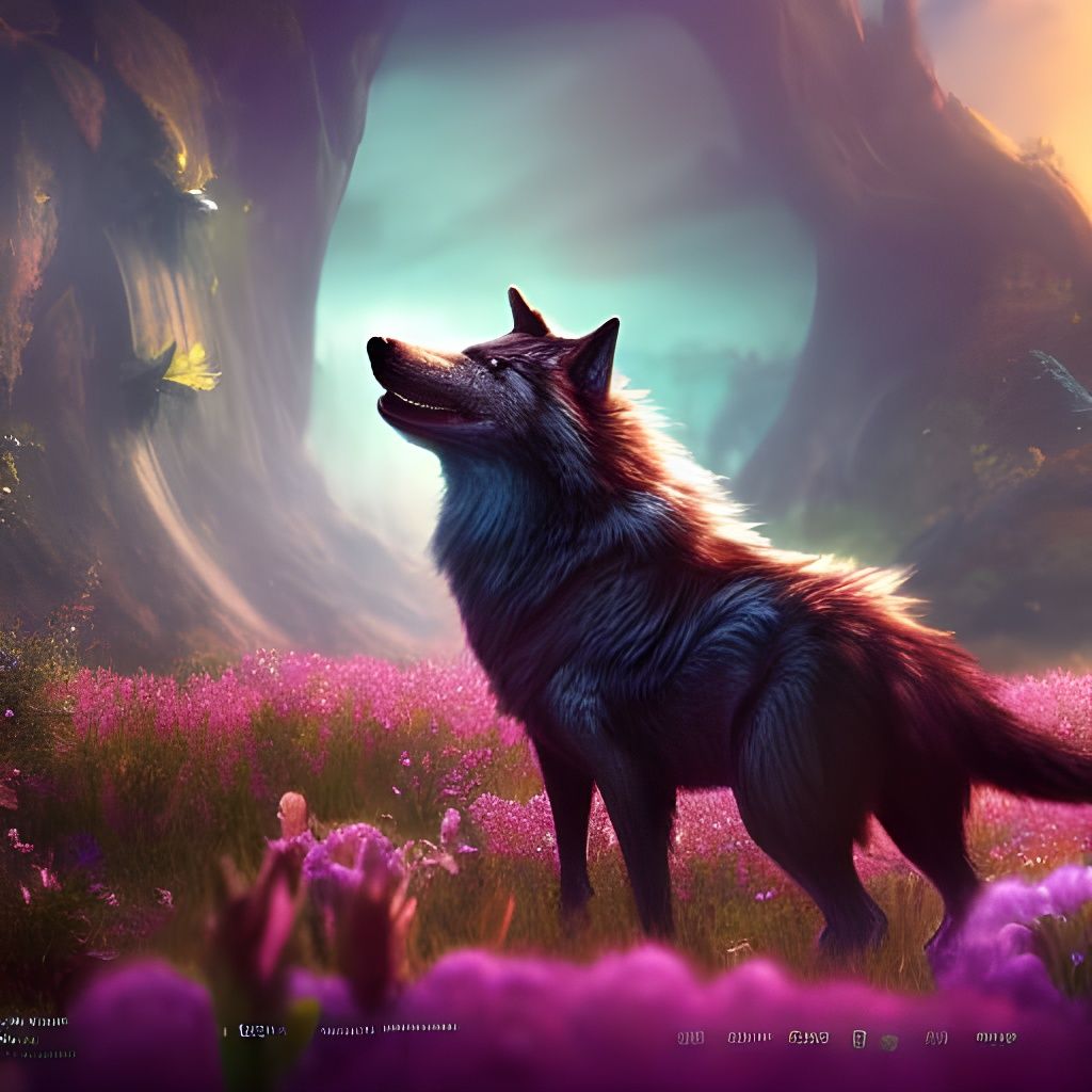 Magic Wolf in Flower Field: Fantasy Concept Art