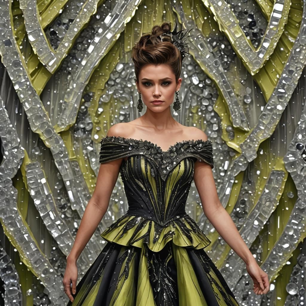Woman in Crystal Dress in Ballroom, Hyperrealistic