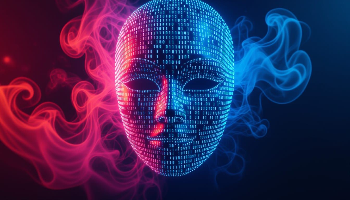 Binary Code Mask Dissolving into Pixel Smoke