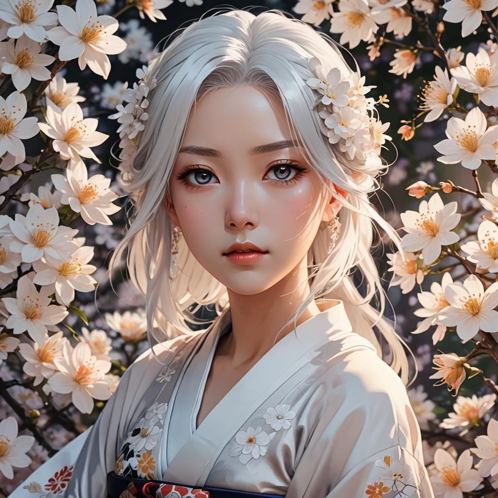 Anime Woman in Kimono with White Flowers