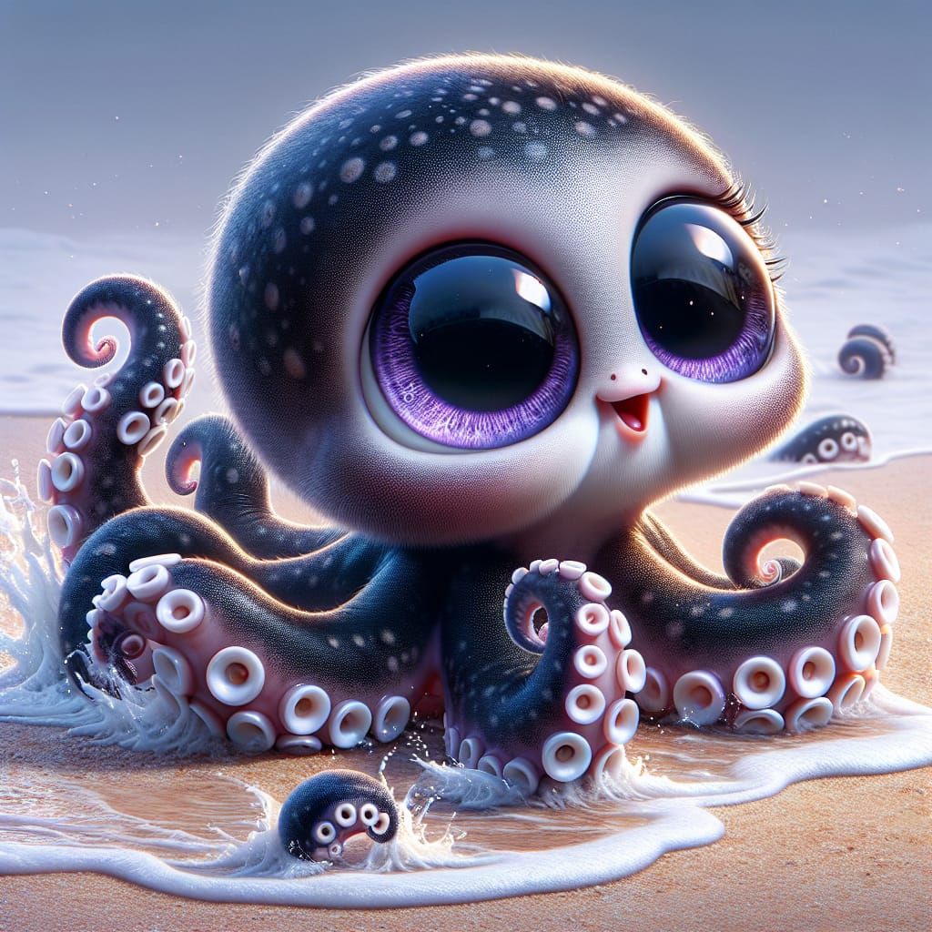 Cartoon Octopus Chasing Waves in Matte Painting Style